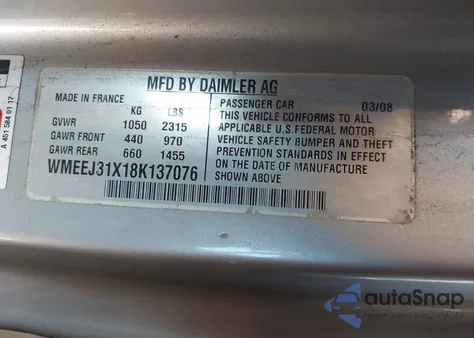 2008 Smart Fortwo Passion/Pure из США, поврежденный, VIN WMEEJ31X18K137076